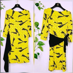 Vintage DAWN JOY Dress Medium Yellow Puffed Belted Jackie O Bold Colorful Artist